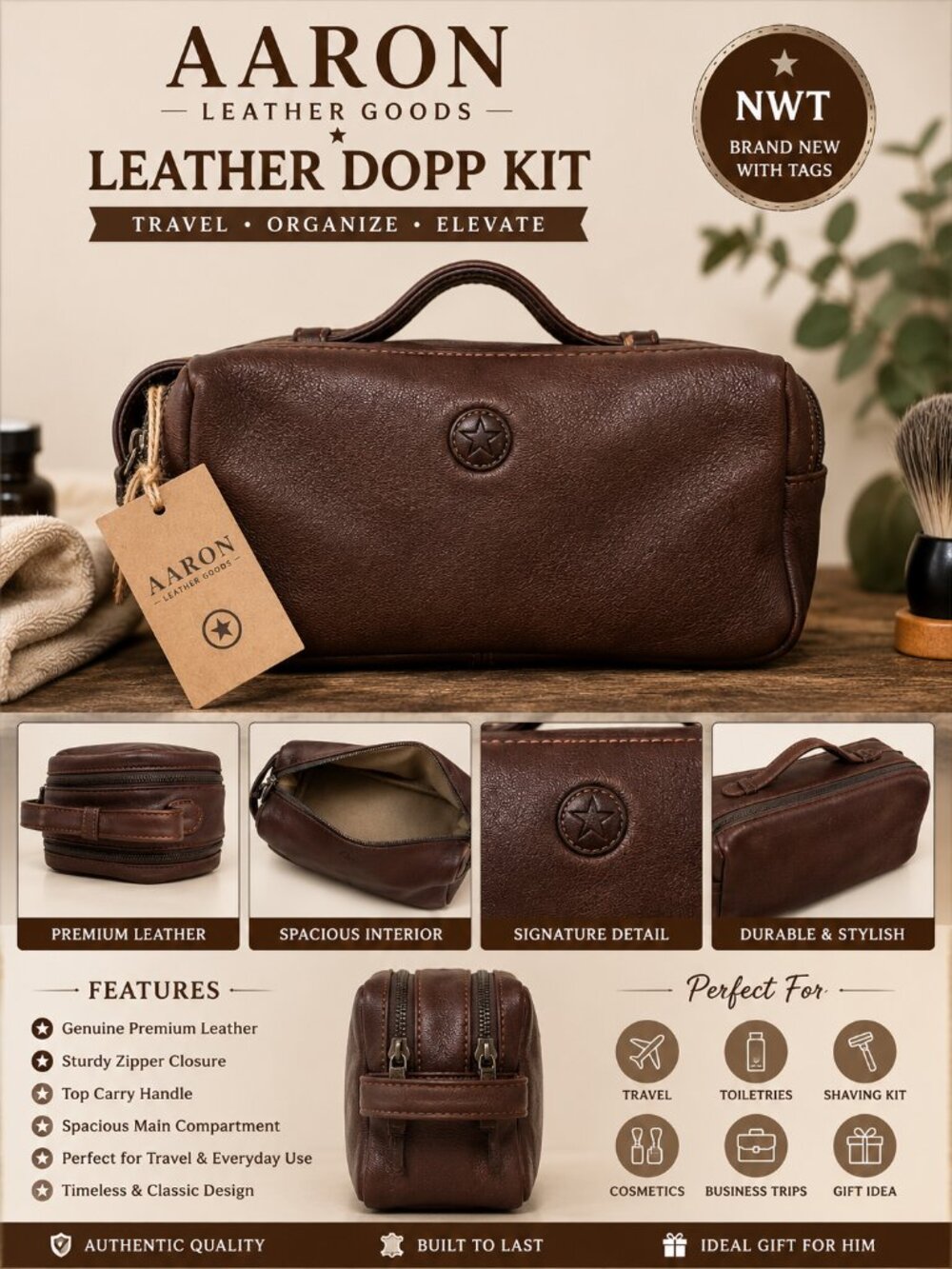 NWT Aaron Leather Goods Brown Leather Toiletry Bag Travel Dopp Kit Zip Case